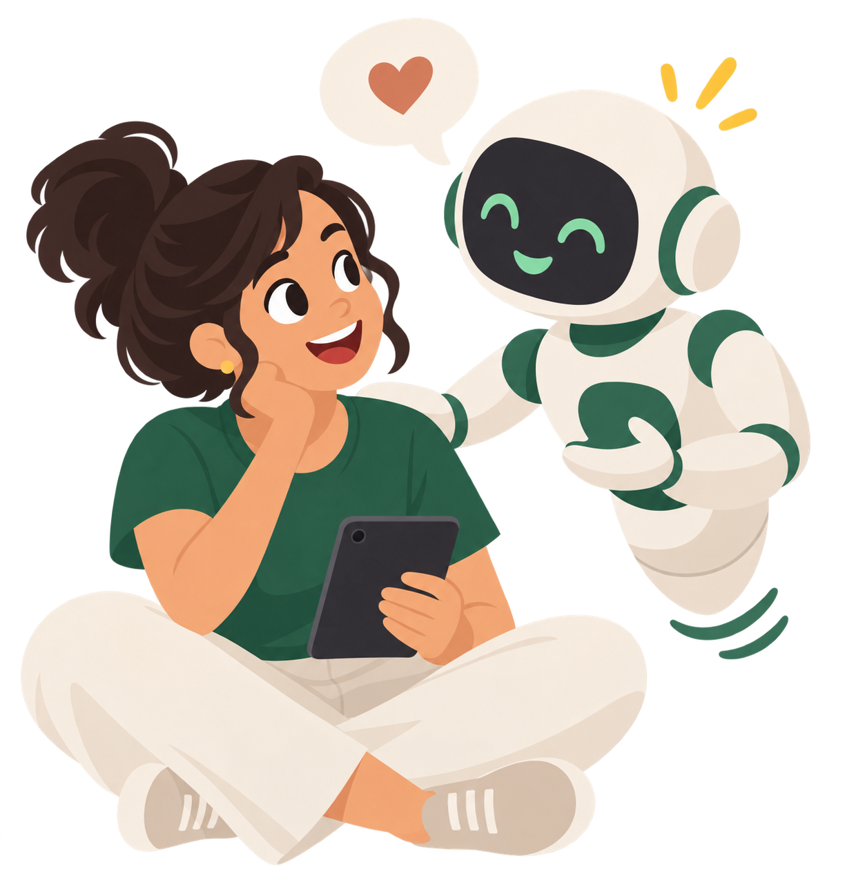 A person sitting with a tablet beside a friendly robot